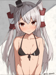 Rule 34 | 1girl, absurdres, amatsukaze (kancolle), bare shoulders, bikini, black bikini, blush, breasts, brown eyes, closed mouth, collarbone, front-tie bikini top, front-tie top, hair between eyes, hair tubes, highres, kantai collection, long hair, md5 mismatch, navel, resolution mismatch, silver hair, small breasts, smokestack, smokestack hair ornament, solo, source smaller, swimsuit, takanashi kei (hitsujikan), twitter username, two side up, underwear, upper body, very long hair