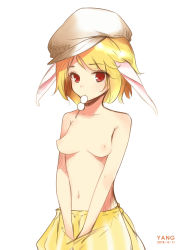 Rule 34 | 1girl, animal ears, artist name, bare shoulders, blonde hair, breasts, collarbone, dango, dated, floppy ears, food, food in mouth, hat, highres, ke-ta (style), looking at viewer, medium breasts, moon rabbit, navel, nipples, no bra, no shirt, own hands together, perky breasts, rabbit ears, red eyes, ringo (touhou), short hair, simple background, solo, topless, touhou, wagashi, white background, yang (yang535815521)