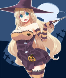 Rule 34 | 10s, 1girl, atago (kancolle), bat (animal), blonde hair, blue eyes, breasts, elbow gloves, full moon, gloves, halloween, hat, highres, hujikok, jack-o&#039;-lantern, kantai collection, large breasts, long hair, moon, open mouth, personification, socks, solo, striped clothes, striped gloves, striped socks, striped thighhighs, thighhighs, wand, witch hat