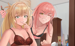 Rule 34 | 2girls, absurdres, ahoge, artoria caster (fate), artoria pendragon (fate), bare shoulders, black bra, blonde hair, blush, bra, breasts, cnoc na riabh (fate), collarbone, fate/grand order, fate (series), green eyes, grin, highres, lipstick, long hair, looking at viewer, makeup, medb (fate), multiple girls, one eye closed, pink hair, quatthro, red bra, sidelocks, small breasts, smile, sparkle, twintails, underwear, yellow eyes