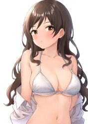 Rule 34 | 1girl, absurdres, armpit crease, b1ack illust, bikini, blush, breasts, brown hair, cleavage, clothes pull, collarbone, highres, idolmaster, idolmaster million live!, kitazawa shiho, large breasts, long hair, navel, open clothes, open shirt, shirt, shirt pull, simple background, solo, swimsuit, upper body, very long hair, wavy hair, white background, white bikini, white shirt
