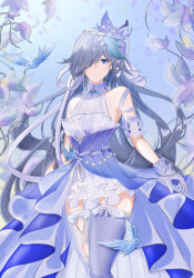 Rule 34 | 1girl, absurdres, aicheng acifh, bare shoulders, bird, bird hair ornament, blue bird, blue dress, blue eyes, chinese commentary, commentary, dress, earrings, feet out of frame, fu hua, fu hua (azure empyrea), fu hua (cerulean court), gloves, grey hair, hair ornament, hair over one eye, halter dress, halterneck, high-low skirt, highres, honkai (series), honkai impact 3rd, jewelry, leaf, long hair, official alternate costume, ponytail, ribbon, signature, single earring, smile, solo, thighhighs, wedding dress, white gloves, white ribbon, white veil