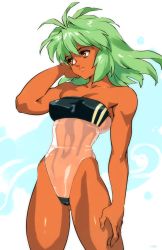 Rule 34 | 1girl, antenna hair, bare arms, bare shoulders, black one-piece swimsuit, breasts, brown eyes, collarbone, commentary, dark-skinned female, dark skin, emerada (xenogears), green hair, gris swimsuit, hand in own hair, highres, long hair, looking away, medium breasts, meme attire, navel, one-piece swimsuit, optionaltypo, retro artstyle, see-through swimsuit, solo, strapless, strapless one-piece swimsuit, swimsuit, thighs, toned, xenogears