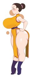 Rule 34 | 1girl, angry, ass, blush, boots, breasts, chi-chi (dragon ball), china dress, chinese clothes, dragonball z, dress, hair bun, high heel boots, high heels, highres, huge ass, huge breasts, mature female, nsfwskully, single hair bun, thick thighs, thighs