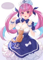 Rule 34 | 1girl, anchor print, blue bow, blue bowtie, blue hair, blunt bangs, bow, bowtie, braid, breasts, cat, cleavage, clothes pull, cococo moru, colored inner hair, cowboy shot, dress, dress bow, dress pull, drill hair, french braid, hands up, highres, hololive, large breasts, long hair, maid, minato aqua, minato aqua (1st costume), multicolored hair, open mouth, pulling another&#039;s clothes, purple eyes, purple hair, sidelocks, simple background, streaked hair, twin drills, twintails, two-tone hair, very long hair, virtual youtuber, white background, white bow, wrist cuffs