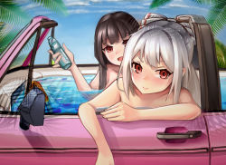 Rule 34 | 2girls, bath, bathing, black hair, blue sky, bottle, bow, breasts, car, cloud, collarbone, commentary, day, english commentary, fujiwara no mokou, hair bow, hand up, highres, holding, holding bottle, houraisan kaguya, joeychen, lips, long hair, looking at viewer, medium breasts, motor vehicle, multiple girls, nude, nudist, open mouth, outdoors, palm tree, partially submerged, ramune, red eyes, shadow, sidelocks, silver hair, sky, steering wheel, touhou, tree, upper body, water, white bow