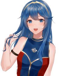 Rule 34 | 1girl, bad id, bad twitter id, blue eyes, blue hair, blue one-piece swimsuit, blush, fire emblem, fire emblem awakening, fire emblem cipher, hand in own hair, long hair, looking at viewer, lucina (fire emblem), niko (aiai03012), nintendo, one-piece swimsuit, open mouth, simple background, smile, solo, swimsuit, tiara, white background