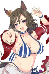 Rule 34 | 1girl, absurdres, adapted costume, animal ears, bikini, blue bikini, blue wristband, blush, breasts, brown hair, cleavage, commentary request, detached sleeves, ear ornament, ekazawa sdvx, hair between eyes, highres, horse ears, horse girl, horse tail, large breasts, long sleeves, looking at viewer, navel, open mouth, outstretched hand, purple eyes, short hair, simple background, smile, solo, striped bikini, striped choker, striped clothes, swimsuit, tail, tap dance city (umamusume), umamusume, upper body, white background