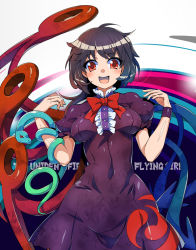 Rule 34 | 1girl, :d, ahoge, asymmetrical wings, black dress, black hair, blush, bow, bowtie, breasts, covered navel, cowboy shot, dress, frills, highres, houjuu nue, long hair, looking at viewer, medium breasts, open mouth, puffy short sleeves, puffy sleeves, red bow, red bowtie, red eyes, short sleeves, smile, snake, solo, touhou, umigarasu (kitsune1963), wings, wristband