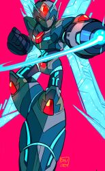 Rule 34 | 1boy, absurdres, aiming, aiming at viewer, arm cannon, blue headwear, danyhu16, dive armor x (mega man), energy wings, forehead jewel, green eyes, helmet, highres, mega man (series), mega man x (series), mega man x dive, pink background, simple background, solo, weapon, x (mega man)