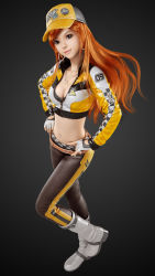 Rule 34 | 1girl, 3d, black background, boots, breasts, brown eyes, cleavage, earrings, fingerless gloves, full body, gloves, hands on own hips, hat, highres, hoop earrings, jewelry, long hair, looking at viewer, medium breasts, midriff, navel, navel piercing, necklace, orange hair, piercing, qq1216241707, realistic, solo, standing, tagme, yellow hat
