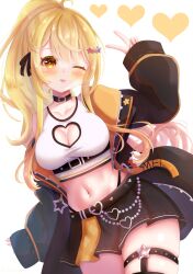 Rule 34 | 1girl, ;p, black choker, black jacket, black skirt, blonde hair, blush, breasts, choker, cleavage, cleavage cutout, clothing cutout, commentary, crop top, fang, hair ornament, heart cutout, highres, hinata ruzuki, hololive, jacket, large breasts, long hair, looking at viewer, midriff, miniskirt, navel, o-ring, o-ring thigh strap, official alternate costume, official alternate hair length, official alternate hairstyle, one eye closed, open clothes, open jacket, orange eyes, pleated skirt, ponytail, sidelocks, skindentation, skirt, solo, star (symbol), star hair ornament, star o-ring, tank top, thigh strap, tongue, tongue out, very long hair, virtual youtuber, white tank top, yozora mel, yozora mel (streetwear)