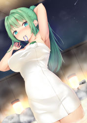Rule 34 | 1girl, alternate hairstyle, aqua eyes, arm up, armpits, bare arms, bare shoulders, breasts, camera, commentary request, cowboy shot, dutch angle, green hair, hair between eyes, hair intakes, hair ornament, hair tie, hair tie in mouth, hand up, highres, holding, holding own hair, kochiya sanae, large breasts, long hair, mouth hold, naked towel, night, night sky, onsen, ponytail, rock, shooting star, sidelocks, sky, smile, solo, standing, star (sky), starry sky, steam, tatsumiya kagari, thighs, touhou, towel, wading, water