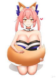 Rule 34 | 10s, 1girl, 1nilla&#039;, animal ear fluff, animal ears, blue ribbon, blush, breasts, cleavage, closed mouth, collarbone, detached sleeves, ears perk, fang, fate/extra, fate/grand order, fate (series), fox ears, fox tail, hair ribbon, japanese clothes, large breasts, looking at viewer, pink hair, pixiv username, ribbon, simple background, sitting, smile, solo, tail, tamamo (fate), tamamo no mae (fate/extra), tsurime, white background, yellow eyes