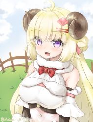 Rule 34 | 1girl, :d, absurdres, ahoge, bare shoulders, blonde hair, blush, braid, breasts, curled horns, dated, detached sleeves, elbow gloves, fence, french braid, fur collar, gloves, grass, hair ornament, hairclip, hairpin, highres, hololive, horns, klaius, large breasts, long hair, looking at viewer, open mouth, purple eyes, short sleeves, smile, solo, tsunomaki watame, tsunomaki watame (1st costume), twitter username, upper body, virtual youtuber, wooden fence