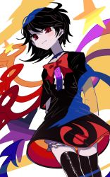 Rule 34 | 1girl, asymmetrical wings, black dress, black hair, black thighhighs, bloomers, blue wings, bow, bowtie, buttons, center frills, dress, frilled dress, frills, highres, houjuu nue, ichirugi, looking at viewer, pointy ears, red bow, red bowtie, red wings, short dress, short sleeves, simple background, solo, star (symbol), thighhighs, touhou, underwear, white background, wings