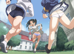 Rule 34 | 3girls, ass, black hair, blue one-piece swimsuit, blush, butt crack, francesca lucchini, green eyes, hair ribbon, hosoinogarou, looking back, military uniform, miyafuji yoshika, multiple girls, one-piece swimsuit, open mouth, outdoors, panties, perrine h. clostermann, ribbon, running, short hair, sky, strike witches, striped clothes, striped panties, swimsuit, twintails, underwear, uniform, white panties, world witches series
