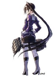 Rule 34 | 1girl, absurdly long hair, air qh, bad id, bad twitter id, black hair, black skirt, boots, from behind, full body, hands on own hips, high heel boots, high heels, highres, kantai collection, long hair, looking at viewer, looking back, nachi (kancolle), nachi kai ni (kancolle), pantyhose, side ponytail, simple background, skirt, smile, solo, twitter username, very long hair, white background, white pantyhose