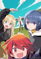 4girls alice_gear_aegis blonde_hair blue_eyes blue_hair blush character_request closed_mouth copyright_notice crossover hair_between_eyes himukai_rin jacket kagamihara_nadeshiko long_hair long_sleeves looking_at_viewer mountain multiple_girls name_connection official_art open_mouth outdoors pantyhose pink_hair purple_eyes red_eyes red_hair scarf shima_rin shorts sky smile thighhighs watermark yurucamp