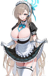 Rule 34 | 1girl, apron, asuna (blue archive), black choker, black dress, blue archive, blue bow, blue bowtie, blue eyes, blue halo, blush, bow, bowtie, breasts, choker, cleavage, cowboy shot, detached collar, dress, eyes visible through hair, frilled apron, frilled dress, frills, gloves, grin, hair over one eye, halo, highres, large breasts, light brown hair, long hair, looking at viewer, maid, maid headdress, mole, mole on breast, purple z, short sleeves, simple background, smile, solo, thighhighs, white apron, white background, white gloves, white thighhighs