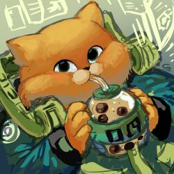 1boy animal_ears artist_name bubble_tea cat_boy cat_ears cat_nose chinese_commentary citipati000 commentary_request cup fat furry furry_male green_eyes green_jacket highres holding holding_cup jacket kuafu_(nine_sols) looking_at_viewer male_focus nine_sols orange_fur puffy_cheeks signature