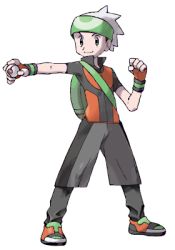 Rule 34 | 1boy, backpack, bag, beanie, brendan (pokemon), capri pants, clenched hand, closed mouth, creatures (company), fingerless gloves, full body, game freak, gloves, green bag, hand up, hat, holding, holding poke ball, looking to the side, lowres, male focus, nintendo, official art, orange gloves, orange shirt, outstretched arm, pants, poke ball, pokemon, pokemon emerald, pokemon rse, popped collar, premier ball, shirt, shoes, short sleeves, smile, solo, sugimori ken, transparent background, two-tone shirt, white hat, wristband