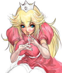 Rule 34 | 1girl, blonde hair, blue eyes, blush, breasts, cowboy shot, crown, cum, cum in mouth, cum on clothes, cum string, cumdrip, dress, earrings, elbow gloves, facial, gem, gloves, grin, hair between eyes, hat, hayase yuuichirou, jewelry, large breasts, leaning forward, lipstick, long hair, looking at viewer, makeup, mario (series), nintendo, partially colored, pink dress, princess peach, puffy short sleeves, puffy sleeves, red lips, sash, short sleeves, simple background, sketch, smile, solo, spiked hair, thighhighs, very long hair, white gloves
