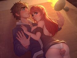 Rule 34 | 1boy, 1girl, absurdres, blue eyes, blue jacket, breasts, brown hair, commentary, english commentary, fire, game cg, harem in another world, hetero, highres, jacket, large breasts, long hair, off shoulder, panties, penis, red hair, starli (starlianechan), thigh sex, underwear, white panties