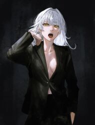 Rule 34 | 1girl, arm up, black background, black suit, breasts, check copyright, cleavage, collarbone, copyright request, fangs, formal, highres, large breasts, long hair, open mouth, original, raberu ruru, solo, suit, upper body, white hair, yellow eyes