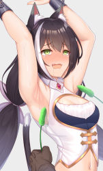 1girl, absurdres, animal ear fluff, animal ears, armpits, arms up, bangs, bare shoulders, black hair, blush, breasts, cat ears, cat girl, cat tail, green eyes, highres, karyl (princess connect!), komainu (yamaha1997), long hair, low twintails, multicolored hair, navel, open mouth, princess connect!, princess connect! re:dive, restrained, streaked hair, tail, tearing up, tickle torture, tickling, twintails, white hair