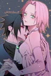 Rule 34 | 1boy, 1girl, artist name, bare shoulders, black hair, commentary request, detached sleeves, dress, earrings, formal, green eyes, hand on another&#039;s back, haruno sakura, hetero, highres, holding, holding weapon, jewelry, licking, looking at viewer, naruto, naruto (series), naruto shippuuden, pink dress, pink hair, red eyes, spiked hair, suzu (tg 390), twitter username, uchiha sasuke, weapon