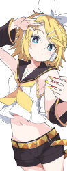 Rule 34 | 1girl, belt, black sailor collar, black shorts, blonde hair, blue eyes, blush, closed mouth, fingernails, hair ornament, hairband, hairclip, highres, ixy, kagamine rin, looking at viewer, midriff, musical note, nail polish, navel, neckerchief, sailor collar, short hair, shorts, shoulder tattoo, simple background, solo, stomach, tattoo, thighs, vocaloid, white background, white hairband, yellow belt, yellow nails, yellow neckerchief