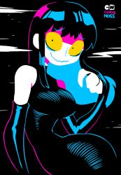 Rule 34 | 1girl, absurdres, bare shoulders, closed mouth, colored inner hair, colored sclera, dress, elbow gloves, fingerless gloves, gloves, hand up, highres, limited palette, long hair, looking at viewer, multicolored hair, noss (rariatto), original, rariatto (ganguri), smile, solo, yellow sclera