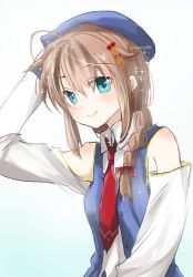 Rule 34 | blouse, blue eyes, braid, brown hair, closed mouth, commentary request, detached sleeves, hair flaps, hair ornament, hair over eyes, hair over shoulder, kantai collection, kimura shiki, long hair, necktie, red necktie, shigure (kancolle), shigure kai ni (kancolle), shirt, sidelocks, twitter username, white background, white shirt