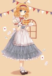 Rule 34 | 1girl, alice margatroid, apron, blonde hair, blue dress, card, carrying, cream, curly hair, dress, food, fruit, full body, hairband, highres, looking at viewer, mary janes, pancake, plate, puffy short sleeves, puffy sleeves, red ribbon, ribbon, shoes, short hair, short sleeves, silver hair, simple background, smile, socks, solo, standing, strawberry, syrup, touhou, white socks, yuki 201