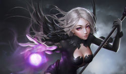 Rule 34 | 1girl, absurdres, black wings, bodysuit, breasts, chinese text, cleavage, energy ball, eyelashes, eyeliner, floating hair, gloves, grey gloves, hand up, high collar, highres, holding, holding staff, holding weapon, kongjian bo, long hair, makeup, mascara, medium breasts, nose, original, parted bangs, parted lips, purple eyes, silver hair, smile, solo, spread wings, staff, upper body, weapon, wings