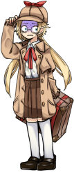 Rule 34 | 1girl, bags under eyes, black survival, blonde hair, blue eyes, bow, bowtie, brown coat, brown footwear, brown hat, brown skirt, buttons, coat, collared shirt, commentary request, constricted pupils, deerstalker, flat chest, full body, glasses, gloom (expression), hand on headwear, hat, hat bow, kneehighs, long hair, long sleeves, looking to the side, nicky blake, open clothes, open coat, pleated skirt, red bow, red bowtie, rinyamame, shirt, shirt tucked in, shoes, simple background, skirt, socks, solo, standing, suitcase, white background, white shirt, white socks