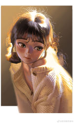 Rule 34 | 1girl, absurdres, backlighting, blurry, brown background, brown hair, buttons, closed mouth, depth of field, eye reflection, fang fengzheng de danche, gradient background, highres, looking to the side, medium hair, original, reflection, smile, sweater, upper body, weibo logo, weibo watermark, yellow sweater