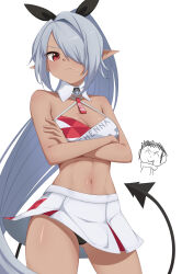 1boy 1girl absurdres bare_shoulders black_panties black_tail blue_archive blush breasts can&#039;t_be_this_cute cheerleader cleavage closed_mouth commentary crop_top crossed_arms dark-skinned_female dark_skin demon_tail doodle_sensei_(blue_archive) english_commentary gluteal_fold grey_hair hair_over_one_eye hair_ribbon halo highres iori_(blue_archive) long_hair looking_at_viewer millennium_cheerleader_outfit_(blue_archive) navel panties pointy_ears red_eyes ribbon sensei_(blue_archive) simple_background skirt stryx tail underwear very_long_hair white_background white_skirt