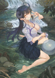 Rule 34 | 1girl, absurdres, ahoge, ball, barefoot, beachball, black hair, breasts, demon girl, demon horns, dia (hong), feet, grin, highres, horns, hxxg, large breasts, legs, long hair, looking at viewer, nature, necktie, open clothes, open shirt, original, pleated skirt, shallow water, shirt, shoes, unworn shoes, sitting, skirt, slit pupils, smile, soles, solo, toes, v, wariza, water, waterfall, wet, wet clothes, white shirt, yellow eyes