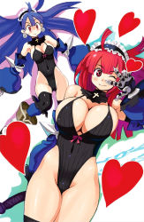 Rule 34 | 2girls, ;), ahoge, black legwear, blue hair, blunt bangs, blush stickers, boots, bow, breast envy, breasts, breasts apart, bursting breasts, cleavage, cosplay, covered navel, cross, curvy, dark eclair, dark eclair (cosplay), detached sleeves, earrings, eclair (la pucelle), floating hair, frills, frown, gloves, gradient hair, hairband, headdress, heart, highleg, highleg leotard, hip focus, huge breasts, jewelry, la pucelle, lace, leotard, light smile, lolita hairband, long hair, looking at another, looking at viewer, multicolored hair, multiple girls, official art, one-piece swimsuit, one eye closed, prier, purple hair, red eyes, red hair, ribbed leotard, ryoji (nomura ryouji), shadow, sideboob, smile, sweatdrop, swimsuit, thick thighs, thighhighs, thighs, v, v over eye, wide-eyed, wide hips, wide sleeves