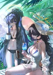 Rule 34 | 2girls, bags under eyes, beach chair, bikini, black bikini, black hair, blue archive, braid, braided ponytail, breasts, cardigan, cleavage, cloud, crossed bangs, cup, day, flower, grey cardigan, hair between eyes, hair over one eye, hairband, halo, hat, hat flower, highres, hinata (blue archive), hinata (swimsuit) (blue archive), holding, holding cup, jewelry, large breasts, long hair, looking at viewer, multiple girls, navel, necklace, o-ring, o-ring bikini, off shoulder, official alternate costume, one-piece swimsuit, outdoors, plant, quasarcake, red eyes, sitting, sky, small breasts, standing, stomach, sun hat, sweat, swimsuit, tropical drink, ui (blue archive), ui (swimsuit) (blue archive), very long hair, white flower, white one-piece swimsuit