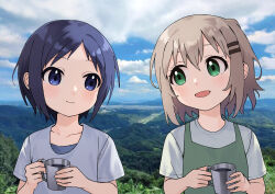 Rule 34 | 2girls, black hair, blue eyes, blush, closed mouth, cloud, collarbone, cup, day, dot nose, female focus, green eyes, grey hair, hair ornament, hairclip, holding, holding cup, kurosaki honoka, looking at another, mountain, multiple girls, open mouth, outdoors, scenery, short hair, short sleeves, siina27164, sky, smile, standing, yama no susume, yukimura aoi