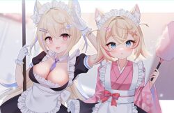 Rule 34 | 2girls, animal ears, apron, between breasts, black dress, blonde hair, blue eyes, blue hair, breasts, cleavage, commentary, dog ears, dog girl, dress, duster, english commentary, flat chest, fuwawa abyssgard, gloves, highres, hololive, hololive english, indoors, kawaiipony2, large breasts, long hair, long sleeves, looking at viewer, maid, maid apron, maid headdress, mococo abyssgard, multicolored hair, multiple girls, open mouth, pink dress, pink eyes, pink hair, short sleeves, siblings, sisters, smile, standing, streaked hair, textless version, twins, virtual youtuber, white apron, white gloves