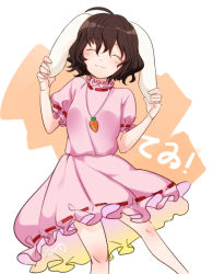 Rule 34 | 1girl, :3, ahoge, animal ears, bad id, bad pixiv id, blouse, blush stickers, brown hair, carrot necklace, character name, closed eyes, floppy ears, holding ears, inaba tewi, necklace, rabbit ears, shirt, short hair, skirt, skirt set, smile, solo, tori (otori), touhou