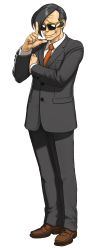 Rule 34 | 1boy, absurdres, ace attorney, arm up, black hair, capcom, formal, full body, fuse takuro, gaspen payne, glasses, hair over one eye, highres, looking down, male focus, necktie, official art, pants, phoenix wright: ace attorney - dual destinies, sideburns, smile, smug, solo, suit, sunglasses, transparent background