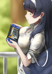 Rule 34 | 1girl, :o, absurdres, bag, black hair, blue nails, blunt bangs, blurry, blurry foreground, blush, bo li wei ling, breasts, collared shirt, commentary request, depth of field, duffel bag, from side, girls&#039; frontline, hairband, highres, holding, large breasts, long hair, nail polish, nintendo switch, parted lips, playing games, profile, railing, school uniform, shirt, solo, type 95 (girls&#039; frontline), upper body, white hairband, white shirt, wing collar, yellow eyes