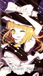 Rule 34 | 1girl, apron, arm up, blonde hair, bow, braid, character name, dated, fang, hair bow, hat, hat ribbon, highres, kirisame marisa, long hair, looking at viewer, one eye closed, open mouth, puffy sleeves, ribbon, shirt, short sleeves, side braid, single braid, skirt, skirt set, smile, solo, star (symbol), touhou, turtleneck, upper body, v, vest, waist apron, witch hat, yellow eyes, youli (yori)