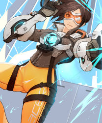Rule 34 | 1girl, armor, bodysuit, bomber jacket, brown eyes, brown hair, brown jacket, chest harness, cropped jacket, dutch angle, gluteal fold, harness, highres, jacket, leather, mizu (dl7613), multiple piercings, orange bodysuit, orange goggles, overwatch, overwatch 1, power armor, solo, spiked hair, thighs, tracer (overwatch), union jack