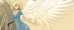 Rule 34 | 1girl, angel, angel wings, asymmetrical wings, blonde hair, blue dress, borrowed character, breasts, brown eyes, cassie (acerailgun), character name, cowboy shot, cyborg, dress, feathered wings, highres, looking to the side, mechanical arms, mechanical wings, medium breasts, original, single mechanical arm, smile, solo, sxania, wings